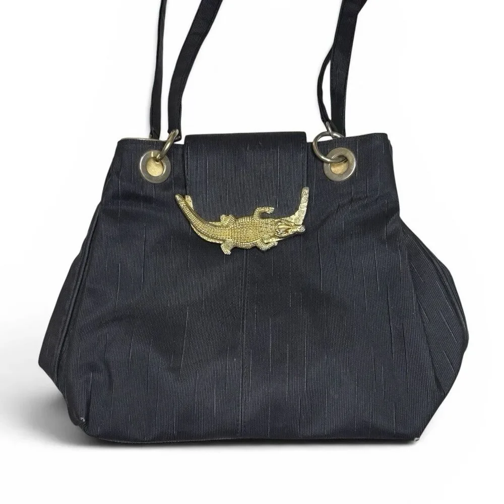 VINTAGE Tango Creations Black Gold Alligator Clasp Shoulder Bag